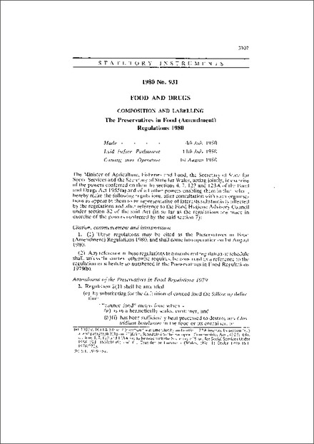 The Preservatives in Food (Amendment) Regulations 1980