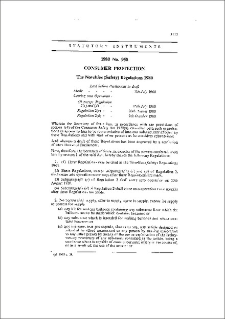 The Novelties (Safety) Regulations 1980