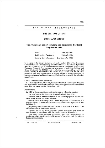 The Fresh Meat Export (Hygiene and Inspection) (Scotland) Regulations 1981