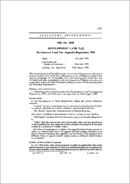 Development Land Tax (Appeals) Regulations 1981