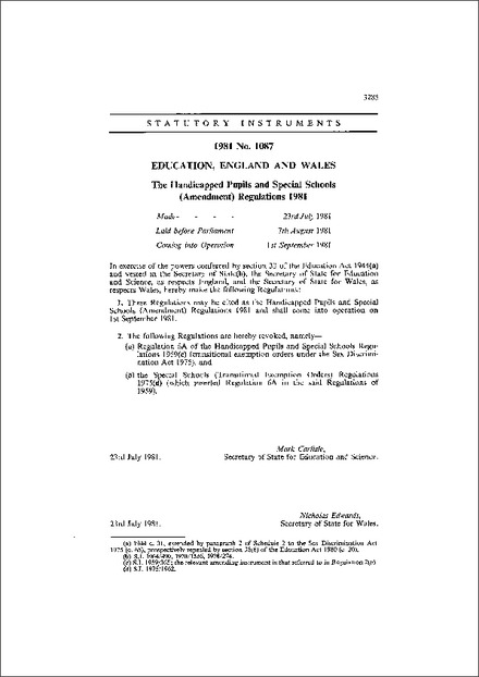 The Handicapped Pupils and Special Schools (Amendment) Regulations 1981