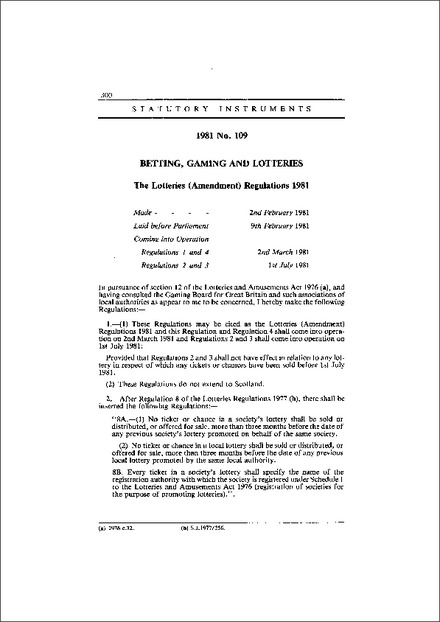 The Lotteries (Amendment) Regulations 1981