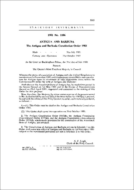 The Antigua and Barbuda Constitution Order 1981