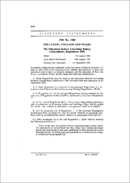 The Education (School Governing Bodies) (Amendment) Regulations 1981