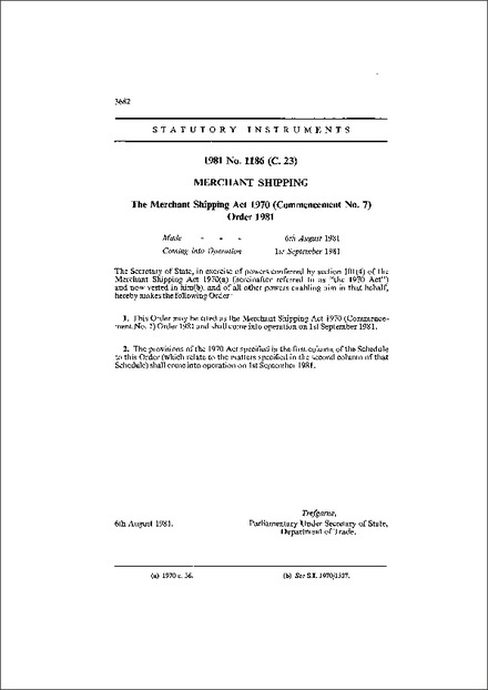 The Merchant Shipping Act 1970 (Commencement No. 7) Order 1981