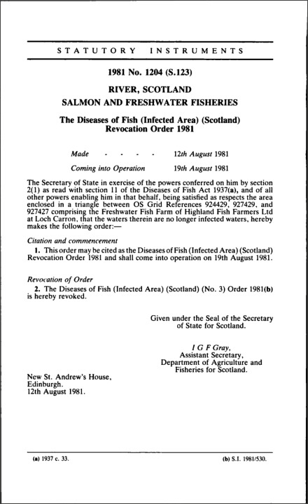 The Diseases of Fish (Infected Area) (Scotland) Revocation Order 1981