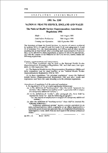 The National Health Service (Superannuation) Amendment Regulations 1981
