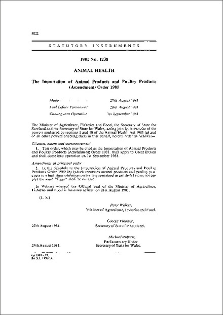 The Importation of Animal Products and Poultry Products (Amendment) Order 1981