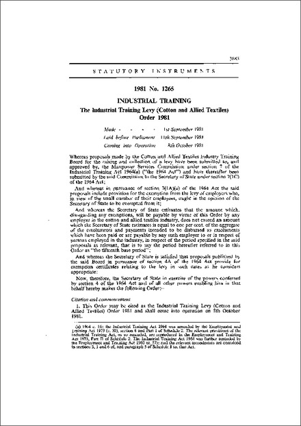 The Industrial Training Levy (Cotton and Allied Textiles) Order 1981