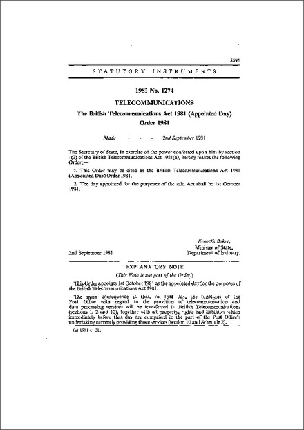 The British Telecommunications Act 1981 (Appointed Day) Order 1981