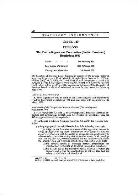 The Contracting-out and Preservation (Further Provisions) Regulations 1981