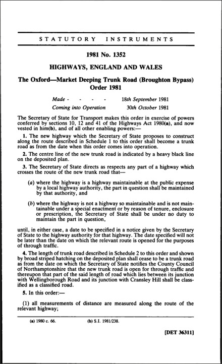 The Oxford—Market Deeping Trunk Road (Broughton Bypass) Order 1981