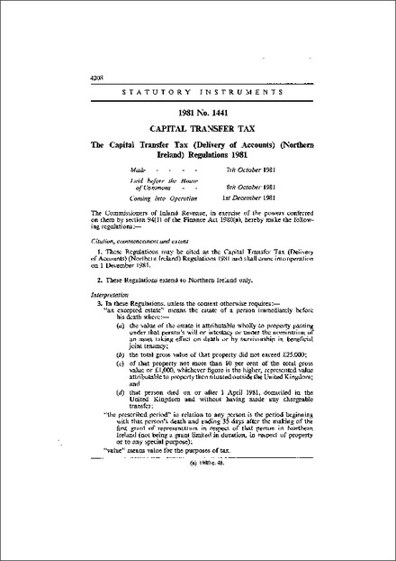 The Capital Transfer Tax (Delivery of Accounts) (Northern Ireland) Regulations 1981
