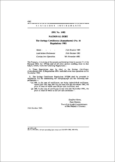 The Savings Certificates (Amendment) (No. 6) Regulations 1981