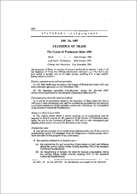 The Census of Production Order 1981
