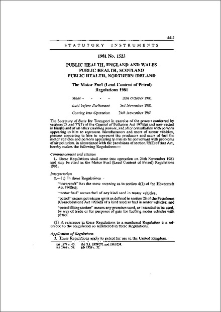 The Motor Fuel (Lead Content of Petrol) Regulations 1981