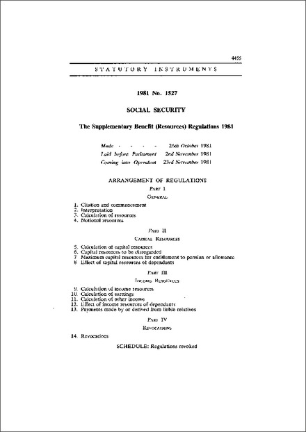 The Supplementary Benefit (Resources) Regulations 1981