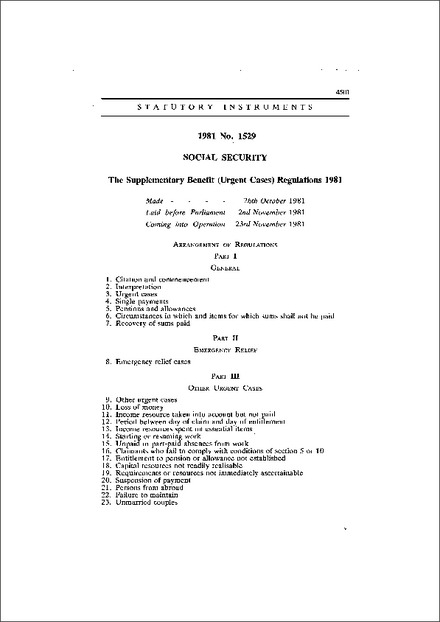 The Supplementary Benefit (Urgent Cases) Regulations 1981