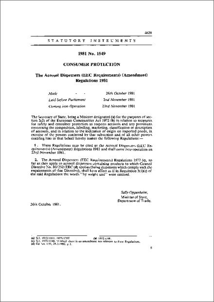 The Aerosol Dispensers (EEC Requirements) (Amendment) Regulations 1981