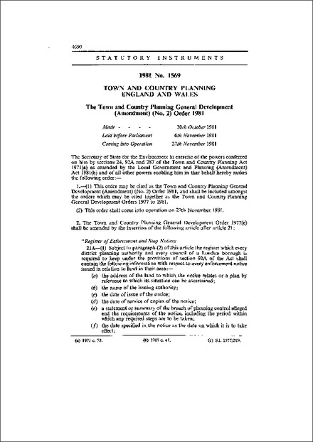 The Town and Country Planning General Development (Amendment) (No. 2) Order 1981