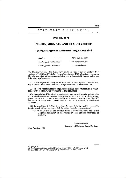 The Nurses Agencies Amendment Regulations 1981