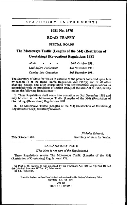 The Motorways Traffic (Lengths of the M4) (Restriction of Overtaking) (Revocation) Regulations 1981