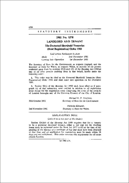 The Protected Shorthold Tenancies (Rent Registration) Order 1981
