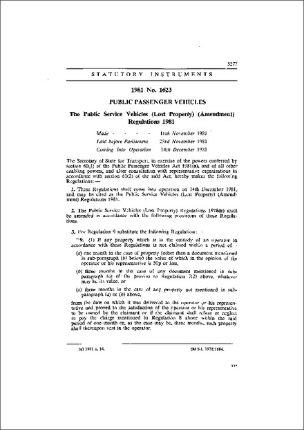 The Public Service Vehicles (Lost Property) (Amendment) Regulations 1981