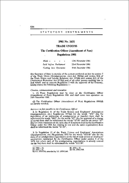 The Certification Officer (Amendment of Fees) Regulations 1981