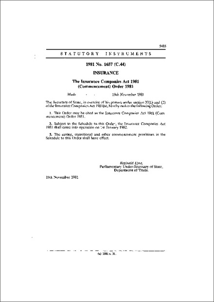 The Insurance Companies Act 1981 (Commencement) Order 1981