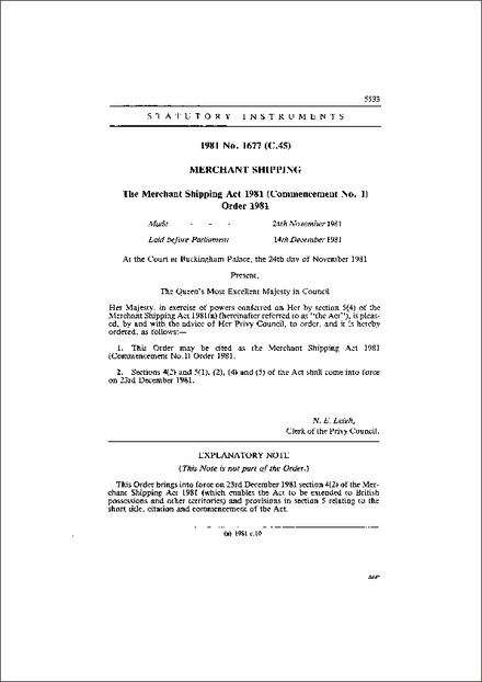 The Merchant Shipping Act 1981 (Commencement No. 1) Order 1981