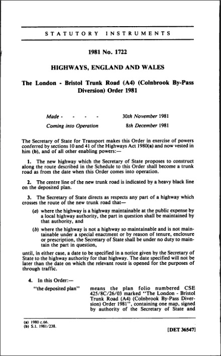 The London—Bristol Trunk Road (A4) (Colnbrook By-Pass Diversion) Order 1981