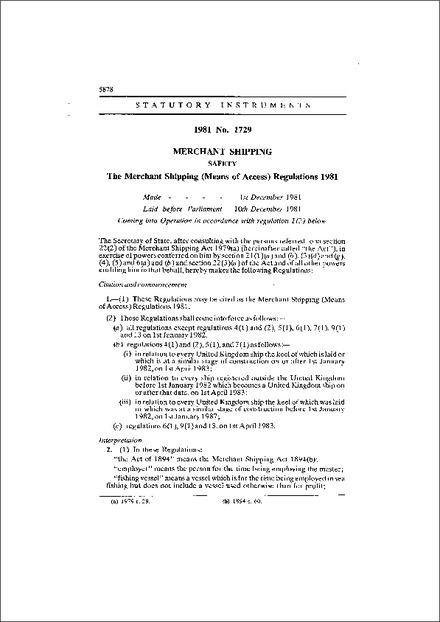 The Merchant Shipping (Means of Access) Regulations 1981