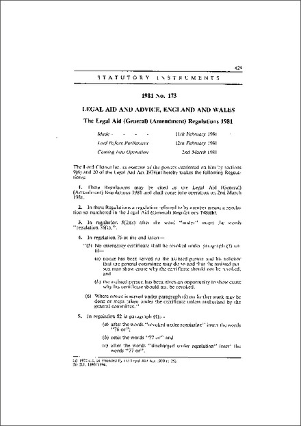 The Legal Aid (General) (Amendment) Regulations 1981