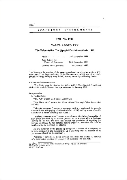 The Value Added Tax (Special Provisions) Order 1981