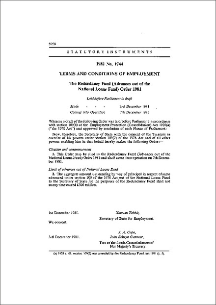 The Redundancy Fund (Advances out of the National Loans Fund) Order 1981