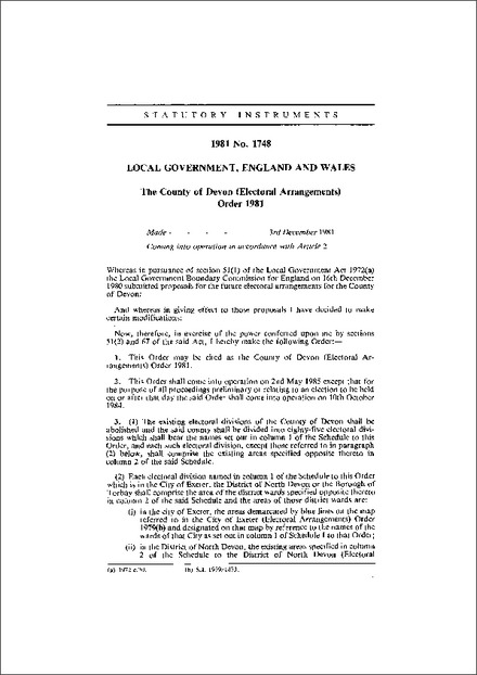 The County of Devon (Electoral Arrangements) Order 1981