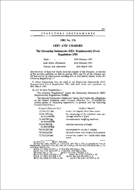 The Measuring Instruments (EEC Requirements) (Fees) Regulations 1981