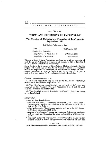 The Transfer of Undertakings (Protection of Employment) Regulations 1981