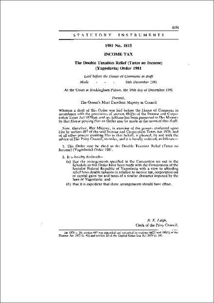 The Double Taxation Relief (Taxes on Income) (Yugoslavia) Order 1981