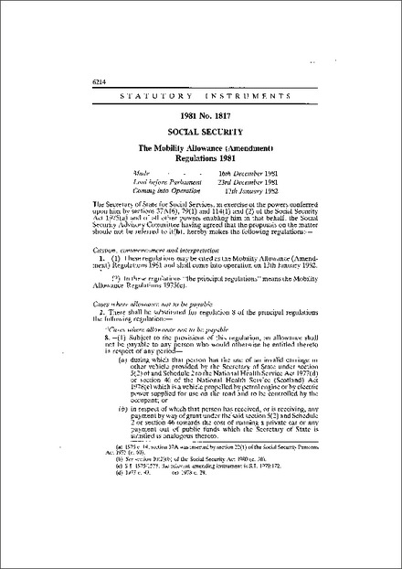 The Mobility Allowance (Amendment) Regulations 1981