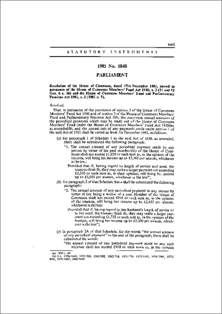 House of Commons Member’s Fund Resolution 1981