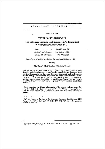 The Veterinary Surgeons Qualifications (EEC Recognition) (Greek Qualifications) Order 1981