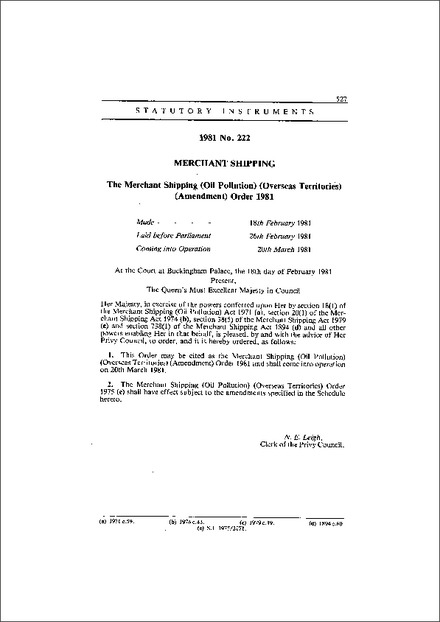 The Merchant Shipping (Oil Pollution) (Overseas Territories) (Amendment) Order 1981