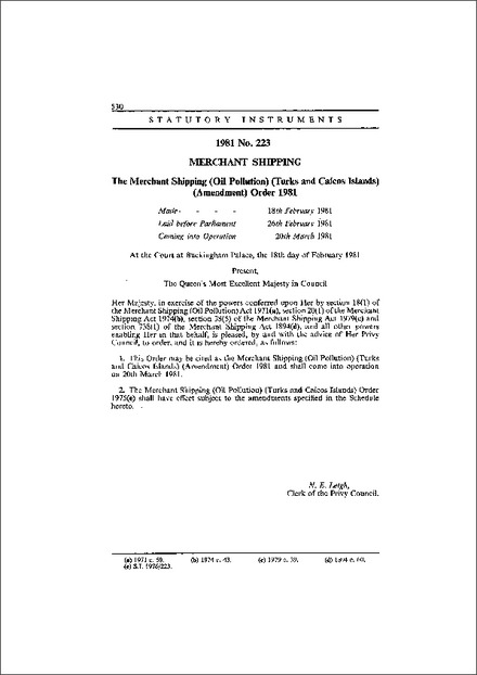 The Merchant Shipping (Oil Pollution) (Turks and Caicos Islands) (Amendment) Order 1981