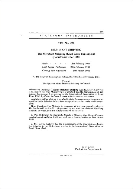The Merchant Shipping (Load Lines Convention) (Countries) Order 1981