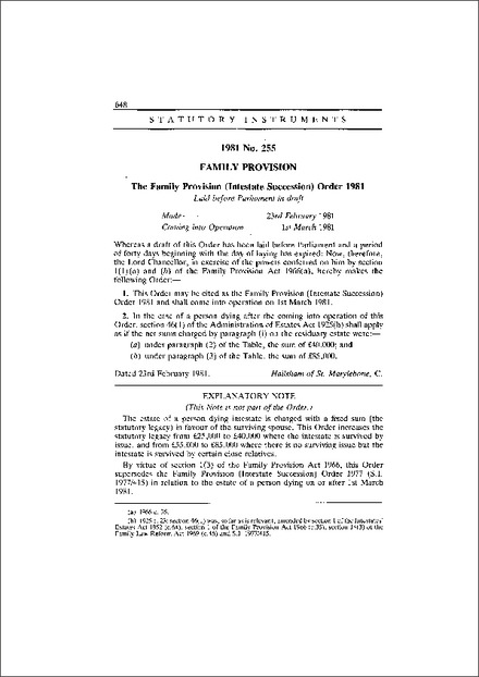 The Family Provision (Intestate Succession) Order 1981
