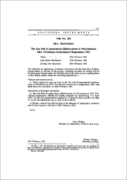 The Sea Fish (Conservation) (Enforcement of Miscellaneous EEC Provisions) (Amendment) Regulations 1981
