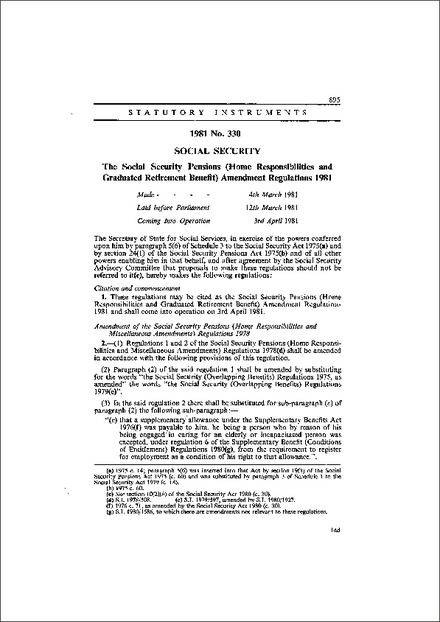 The Social Security Pensions (Home Responsibilities and Graduated Retirement Benefit) Amendment Regulations 1981