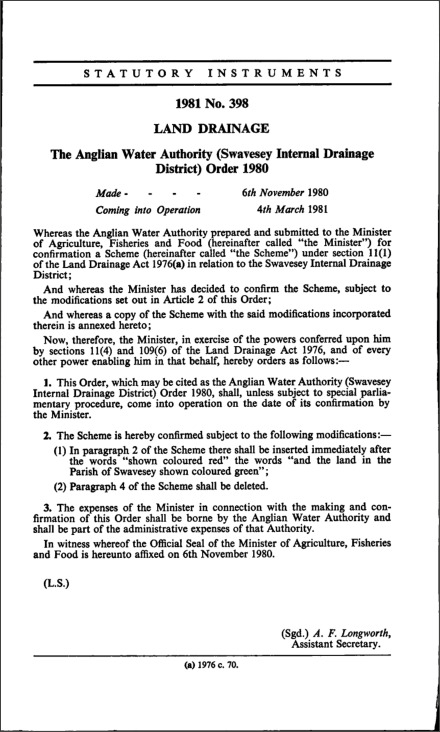 The Anglian Water Authority (Swavesey Internal Drainage District) Order 1980